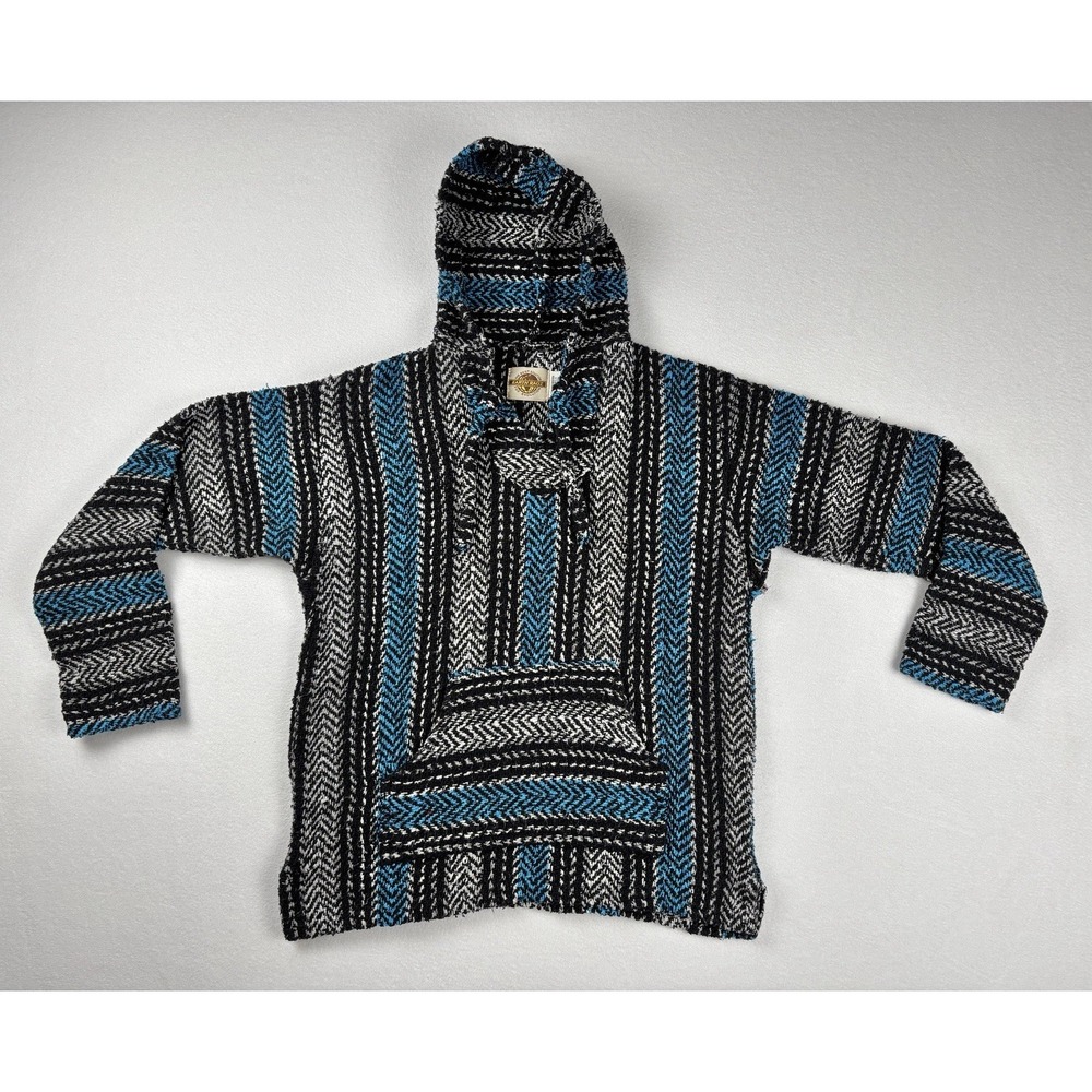 Earth Ragz Baja Hoodie Striped Black Blue Pullover‎ Kangaroo Pocket Unisex M